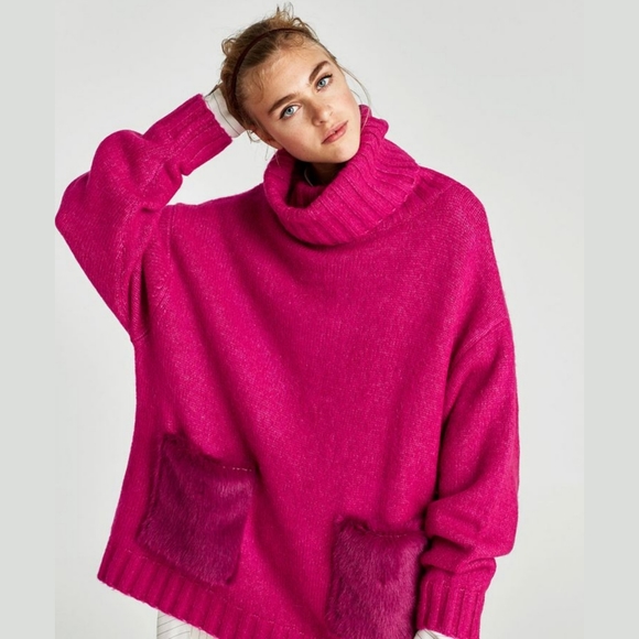 Zara Pink Oversized Ribbed Faux Fur Turtleneck Alpaca Knit Sweater - Picture 2 of 11